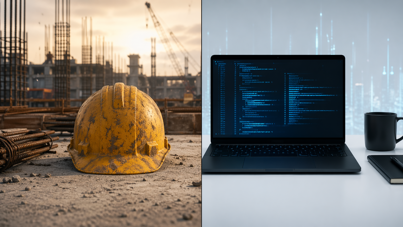 A hard hat on concrete sits opposite a sleek laptop on a white surface, split screen composition.