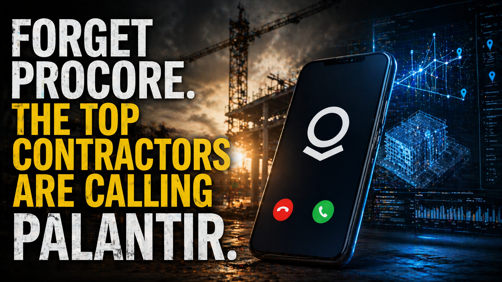 Construction site at dusk with cranes in the background, a glowing smartphone showing an incoming call in the foreground, and bold text suggesting contractors are shifting from legacy software to AI-driven platforms.