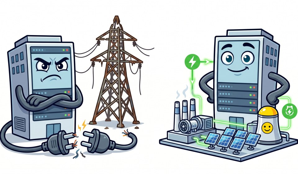 Cartoon illustration of a data center building its own power plant after failing to connect to the public grid