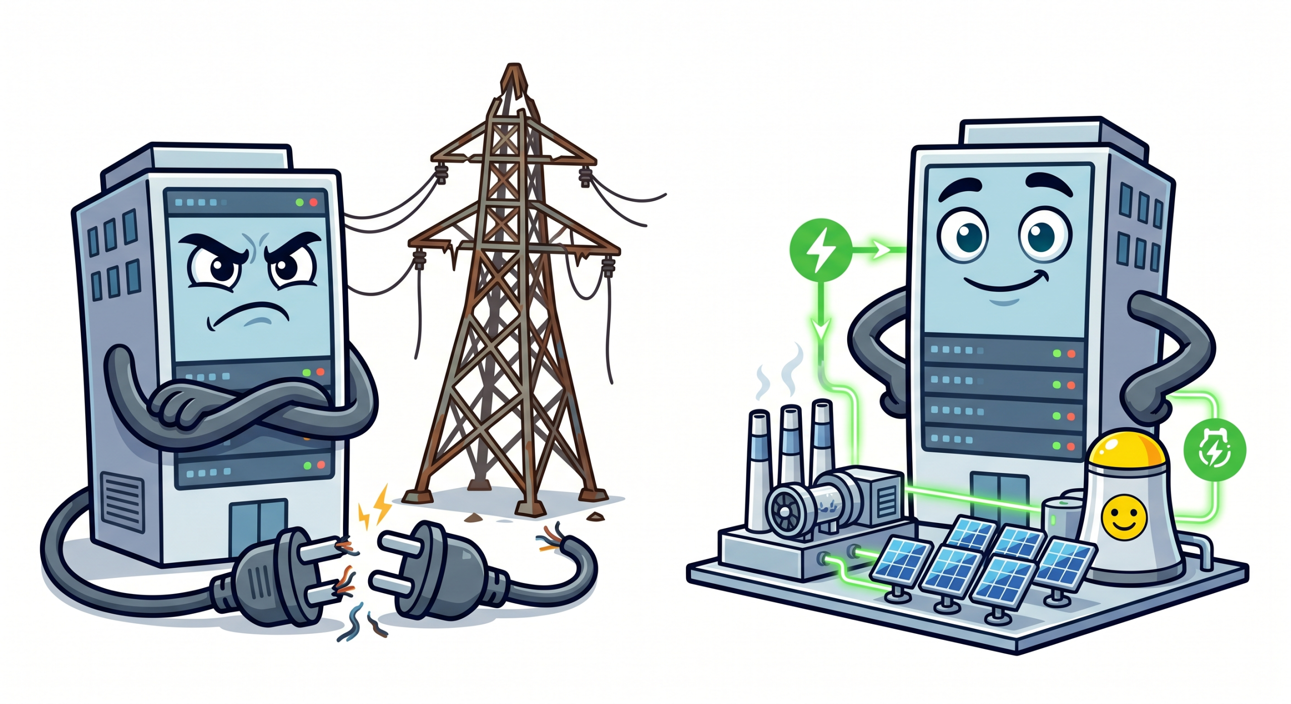 Cartoon illustration of a data center building its own power plant after failing to connect to the public grid