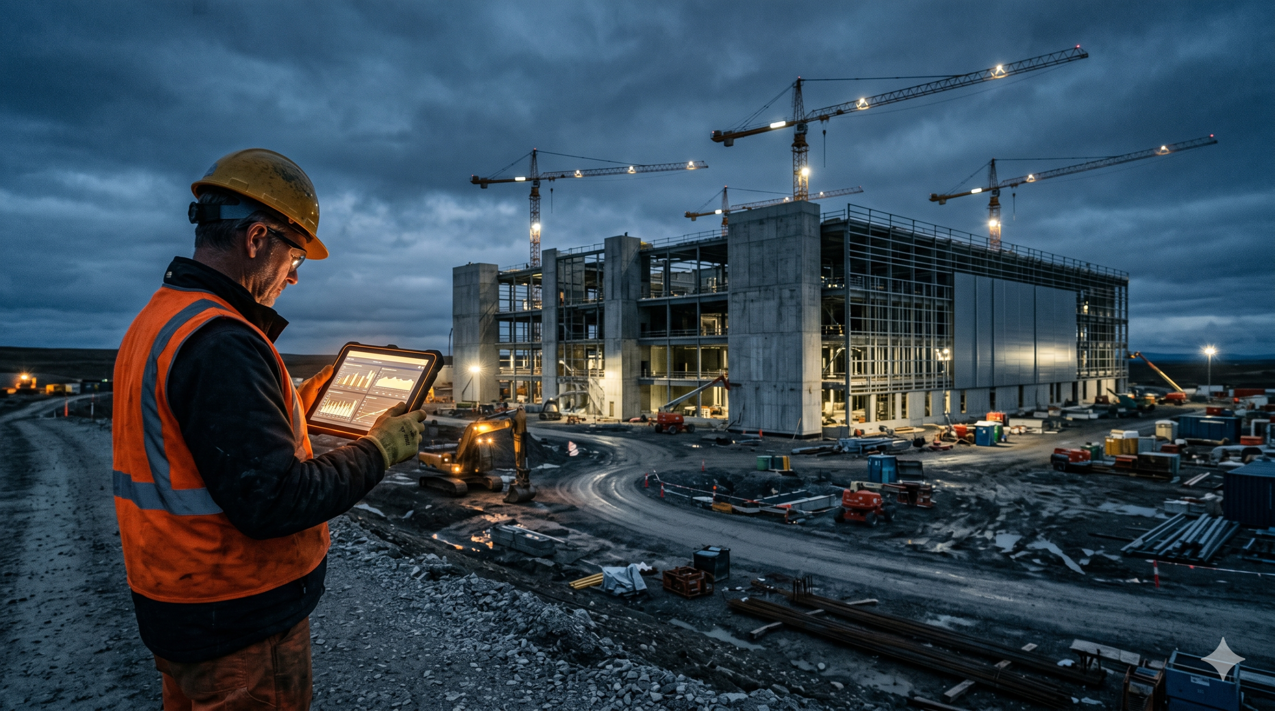 Construction worker on a data center build site reviewing AI-driven project analytics on a tablet at dusk