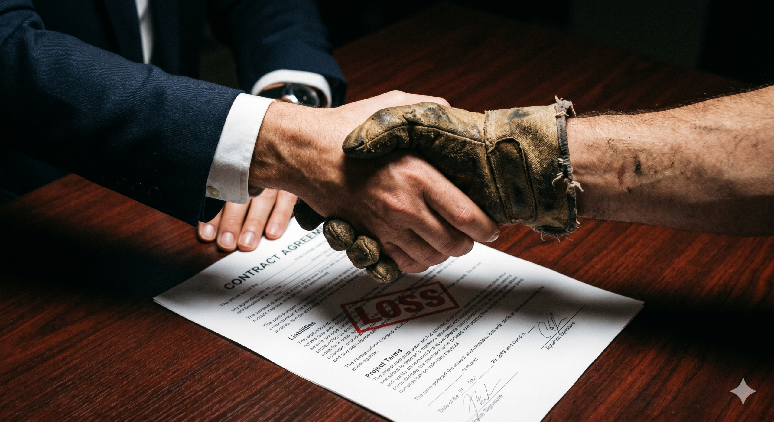 A suited hand and a construction glove shaking over a signed contract stamped with the word "LOSS" in red