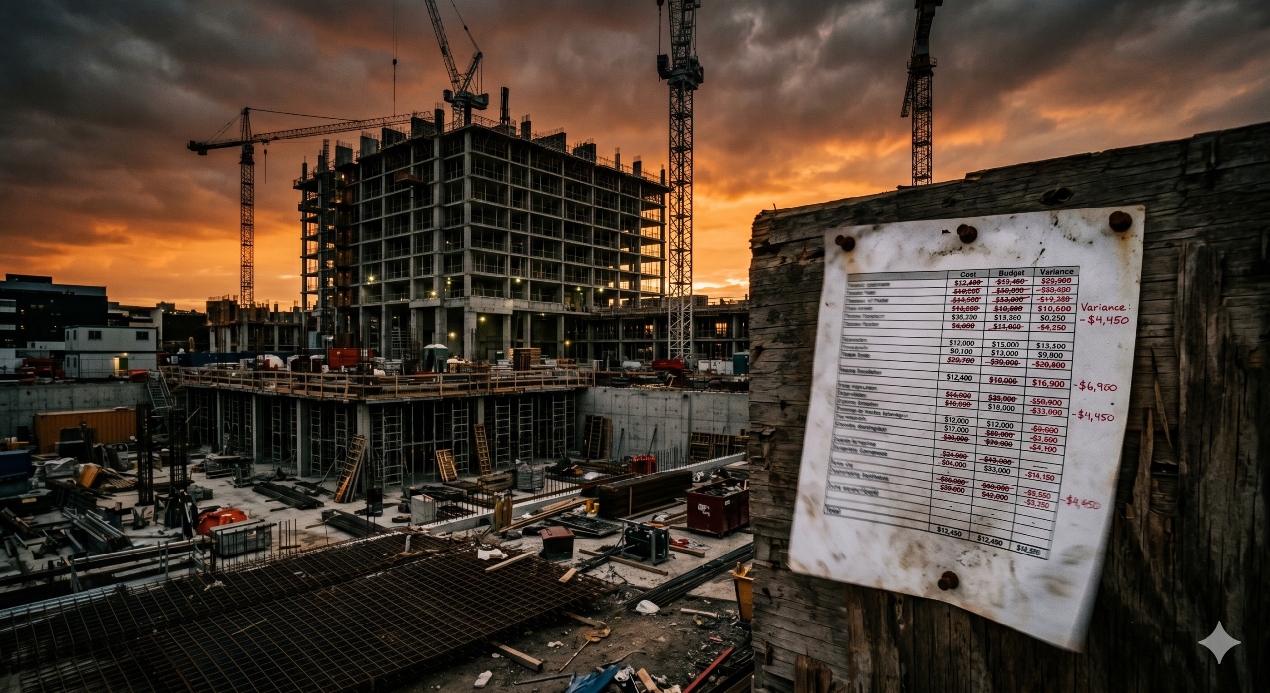Construction site at dusk with a budget spreadsheet pinned to site hoarding, numbers crossed out in red ink
