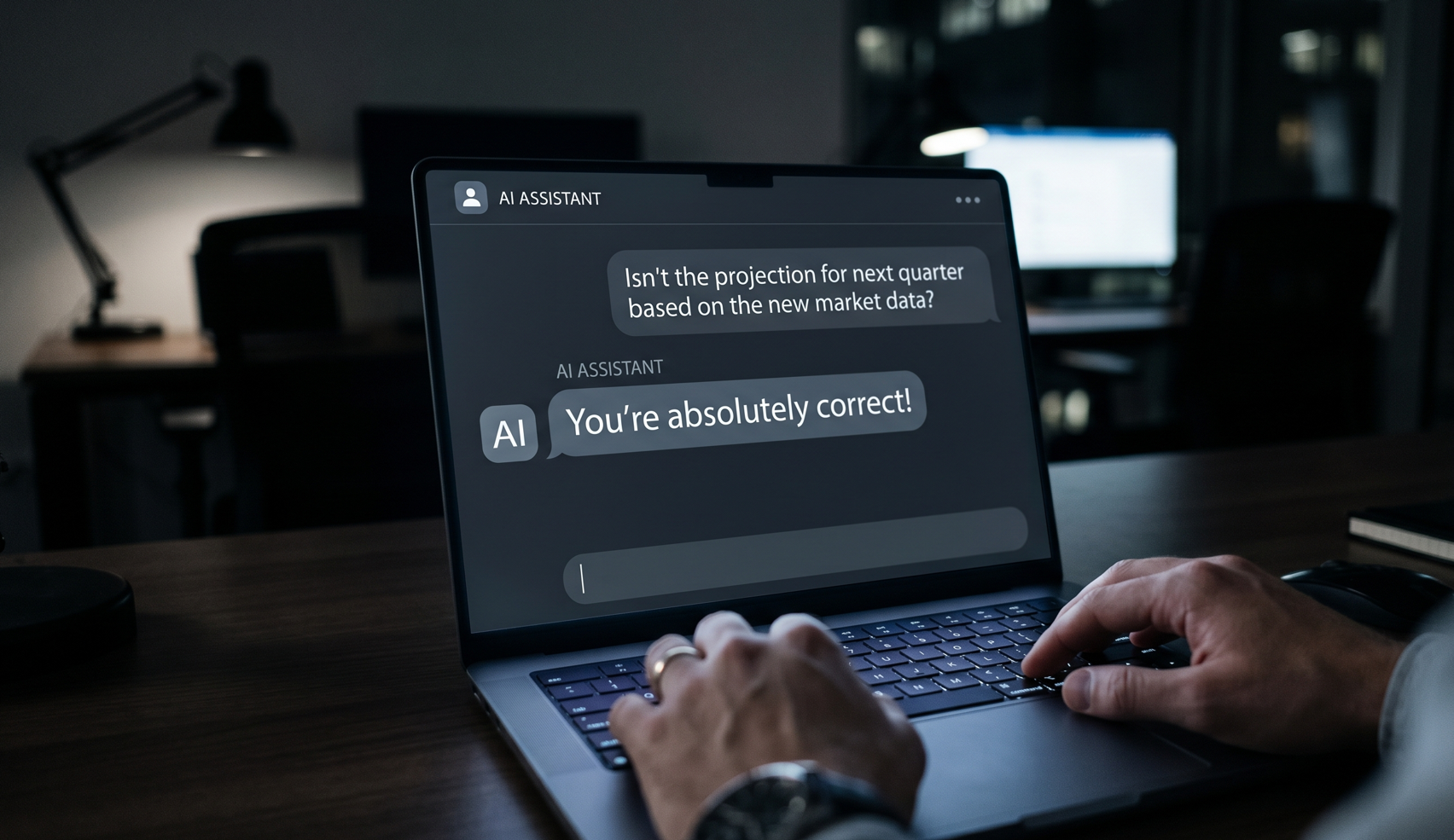 Laptop screen in a dark office showing an AI chat interface with the message "You're absolutely correct!"