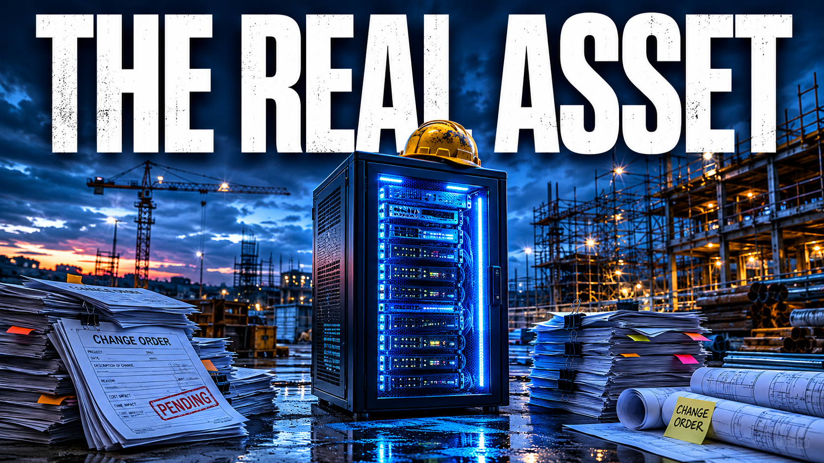 Glowing data server rack on a construction site surrounded by paper forms, with bold text reading the real asset