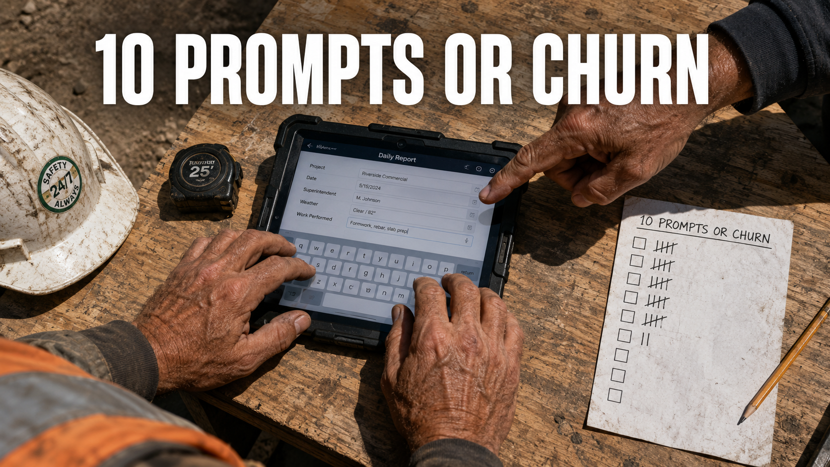 Superintendent typing on a rugged tablet while a trainer points at the screen on a jobsite