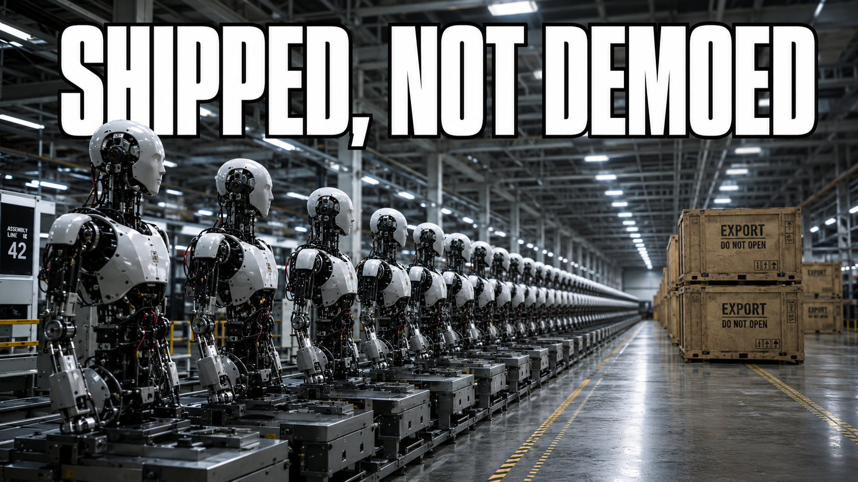 A long factory assembly line of identical half-built humanoid robots under harsh overhead light.