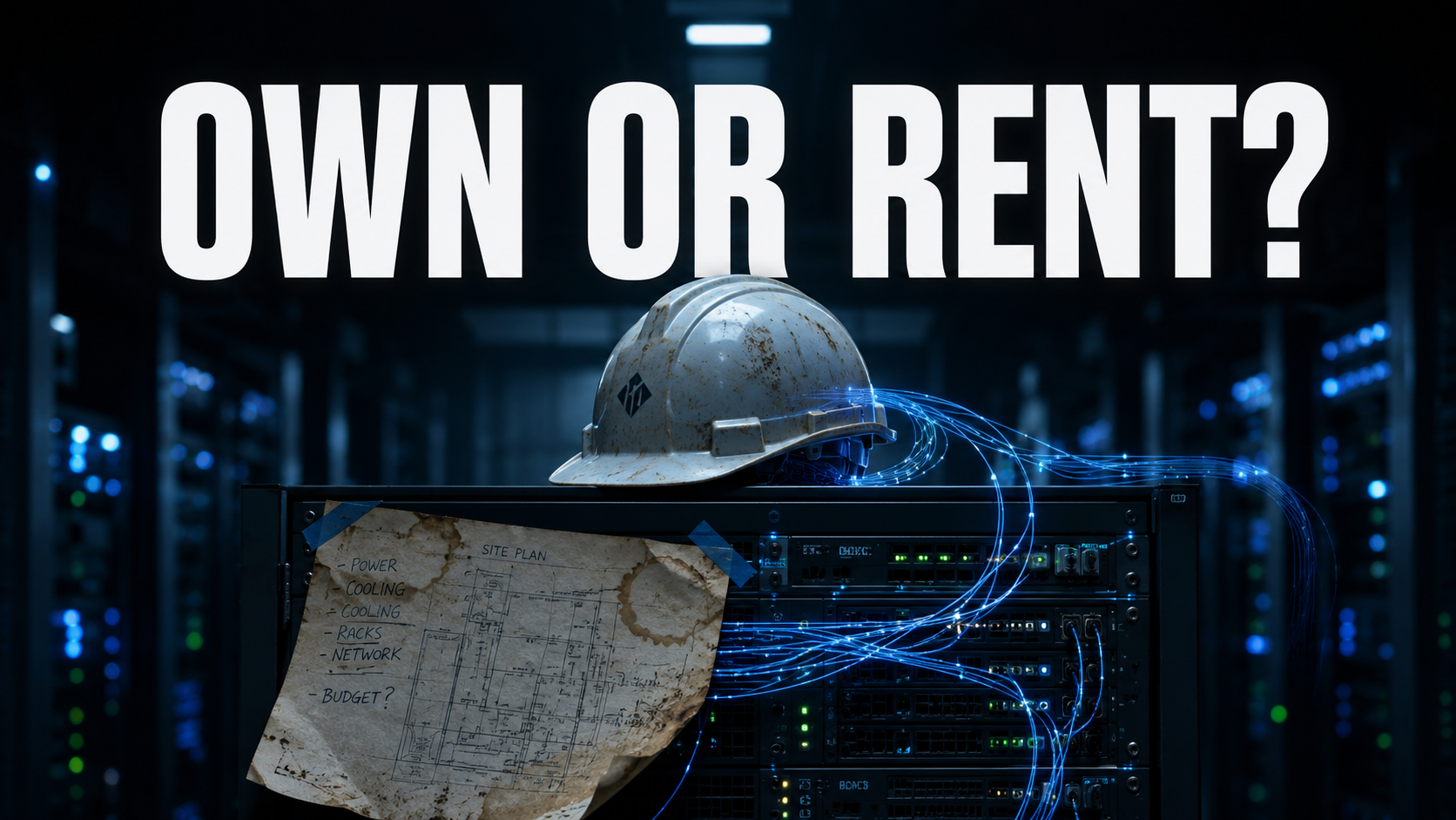 Construction hard hat on a data-center server rack under bold text OWN OR RENT.