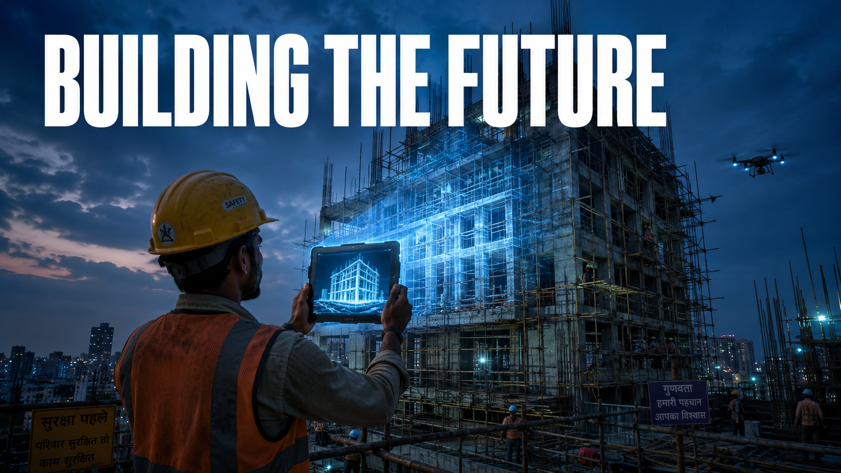 Worker on bamboo scaffolding holds a glowing 3D-model tablet under bold text BUILDING THE FUTURE.