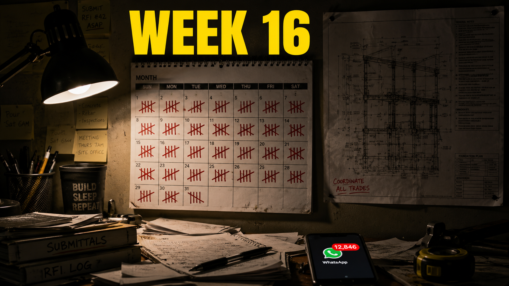 Wall calendar covered in tally marks beside a pinned construction blueprint under lamp light