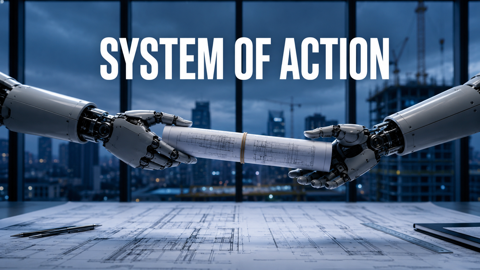 Two robotic arms passing a rolled construction drawing like a relay baton over blueprints