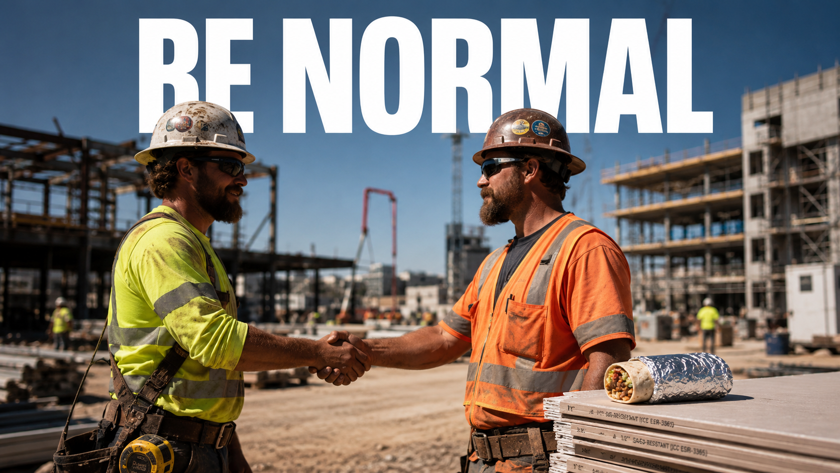 Two workers shaking hands on a job site, with a foil-wrapped burrito on a stack of drywall.