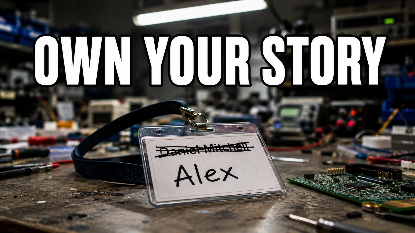 An engineer's ID badge on a workbench, its printed name scratched out and a plainer name written over it.