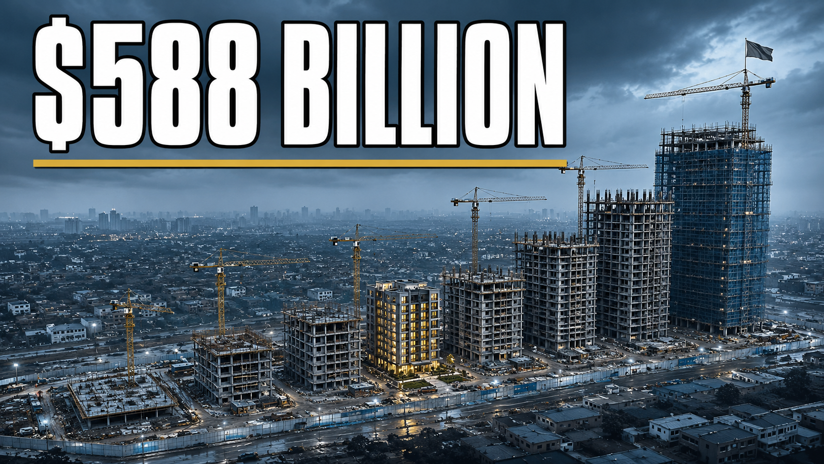 Aerial view of a city rebuild where half-built blocks rise like a bar chart, cranes threaded between them.